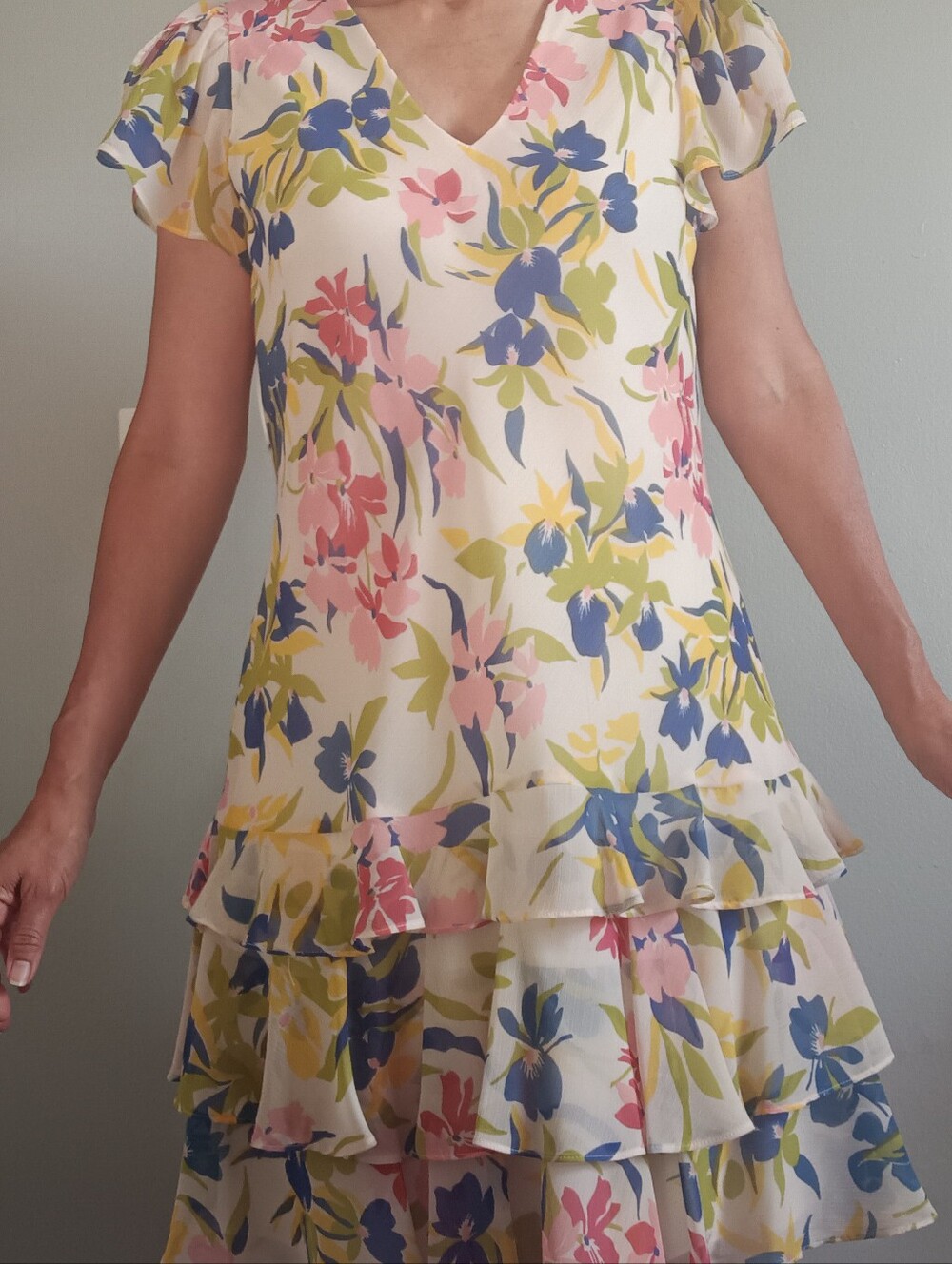 Lauren Ralph Lauren Floral Flutter Sleeve Tiered Ruffle Mini Dress.